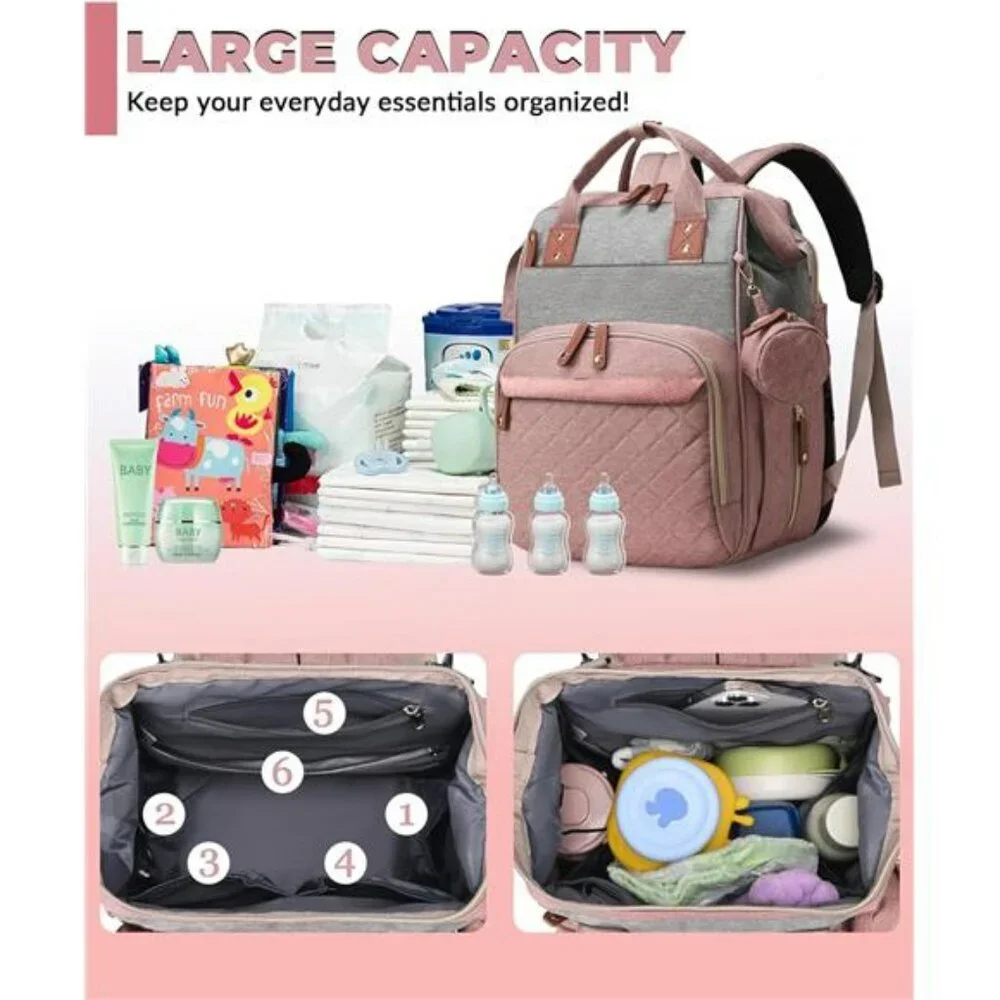 Pink Grey Diaper Bag Backpack with Changing Station Waterproof Baby Travel Bag